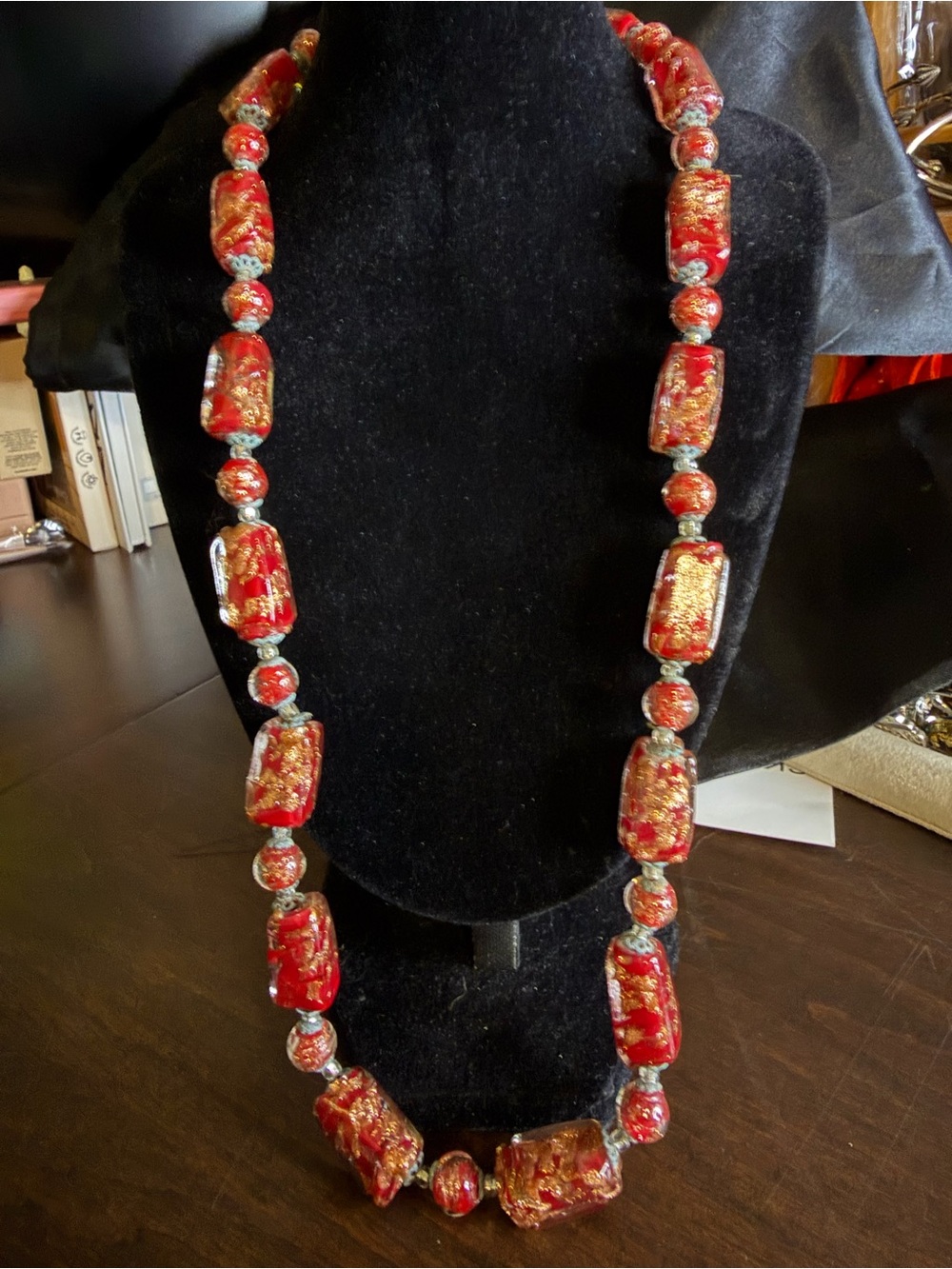 Vintage Murano Venetian Red Copper Averturine Glass Bead Necklace 23”